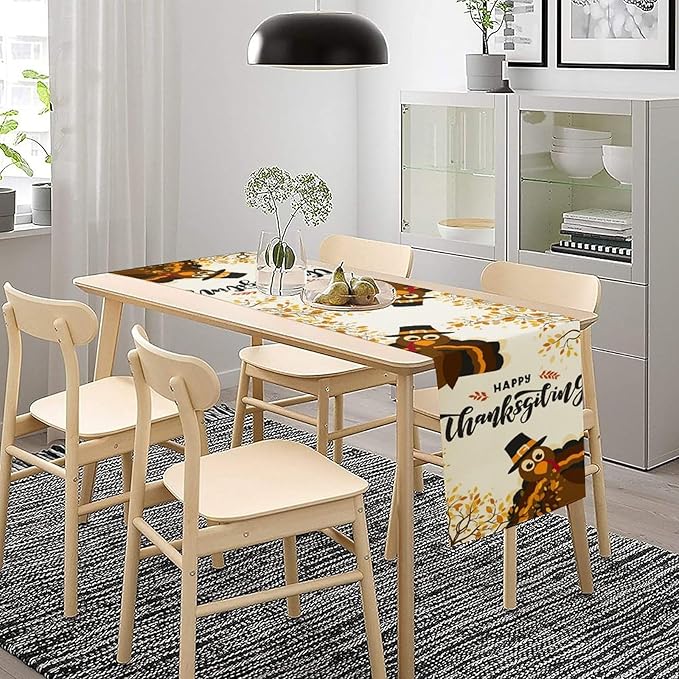 Thanksgiving Turkey Table Runner, Cartoon Turkey Autumn Branch Yellow Leaves Fall Harvest Kitchen Dining Table Decoration for Indoor Outdoor Farmhouse Home Party Decor, 13x60inch