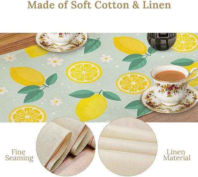 Spring Lemon Table Runner, Summer Seasonal Green Leaves Flowers Yellow Fruit Print Table Runner for Farmhouse Kitchen Dining Table Home Party Decor 13x90in