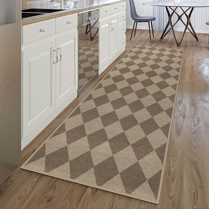 Easy Jute Checkered Runner Rug, 2.6x8 Brown Modern Washable Rugs Runner for Hallway Non-Slip Kitchen Runner Rug, Geometric Diamond Indoor Outdoor Carpet for Porch Laundry Entryway
