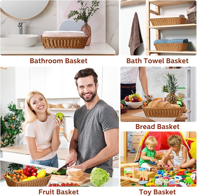 Eccliy 6 Pack Wicker Bread Baskets 15.8 Inch Woven Serving Basket for Gifts, Poly Wicker Storage Rectangle Rattan Display Trays for Bread Food Vegetables Fruit Snacks Tabletop Restaurant Home