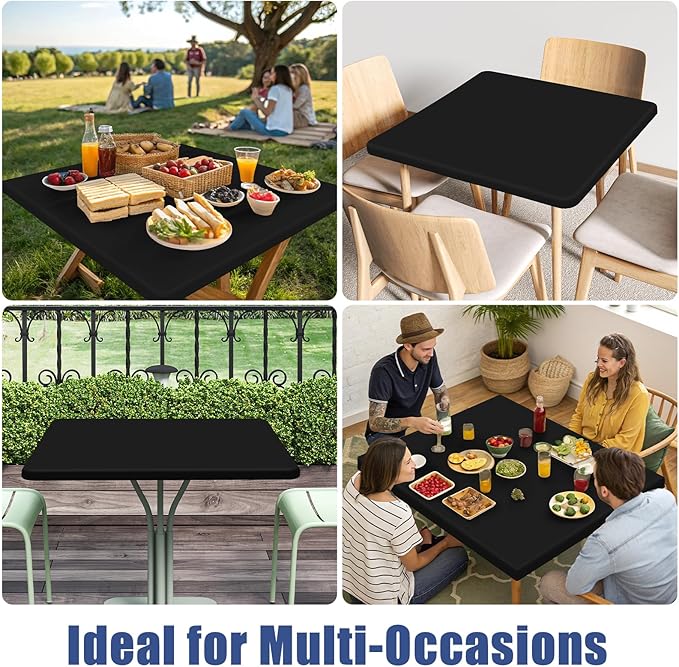 Spandex Square Table Cloth 6 Pack, Elastic Fitted Tablecloths for Picnic, Stretch Washable Patio Table Cover for Outdoor, Camping, Banquet and Parties (Black, 34"x34")