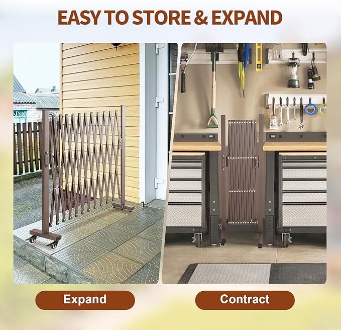 TECSPACE Aluminum Expandable Garden Fence, Portable Barricade Gate with Casters, Adjustable Retractable Fence Mobile Barricade Safety Barrier (Brown, 130×15×41 inch)