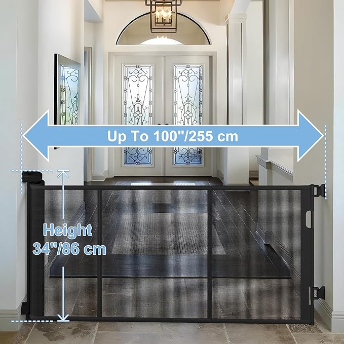 100 inches Retractable Baby Gate, 34 inches Tall Extra Wide Mesh Safety Gate for Open Floor Plans, Wide Doorways, Baby and Pet Barrier for Indoor Outdoor Use, White