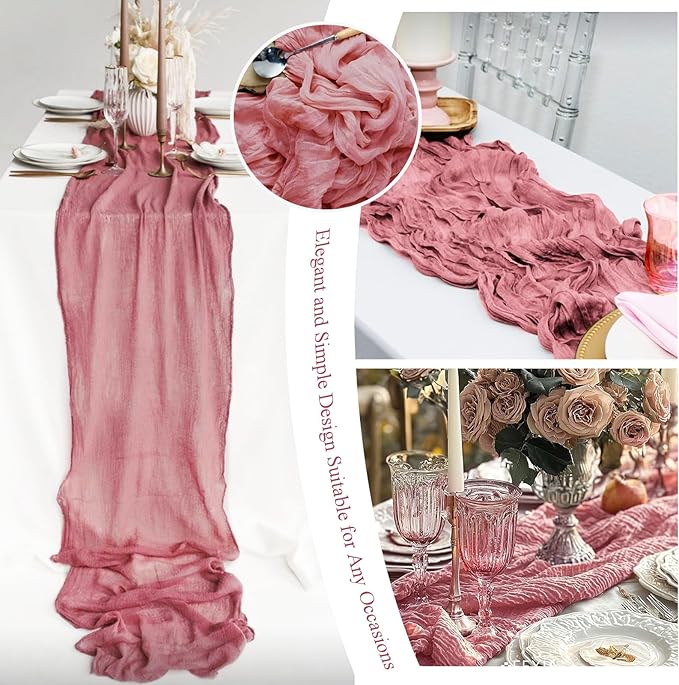8 Packs Cheesecloth Table Runner 10FT Long Boho Gauze Fabric Table Runner Vintage Rustic Sheer Runners for Wedding Party Bridal Baby Shower Table Decorations (Dusty Rose)