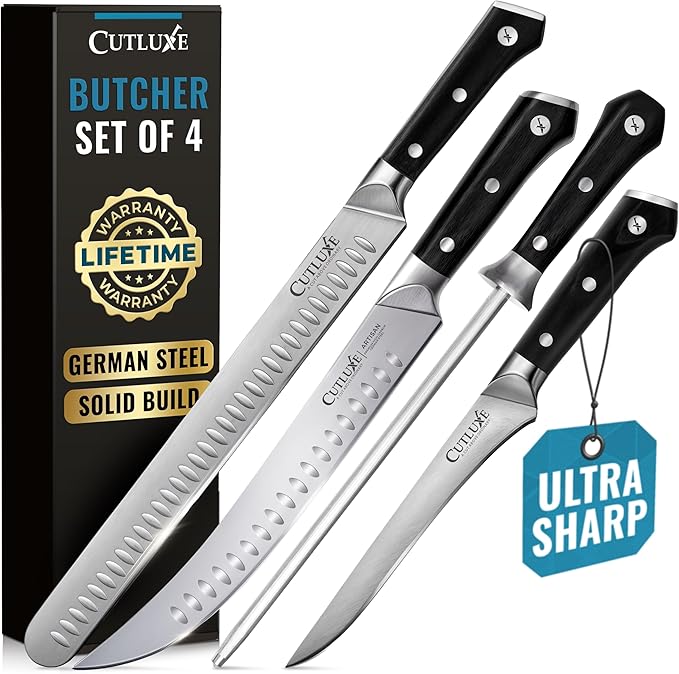 Cutluxe Butcher Knife Set – BBQ Brisket, Breaking and Boning Knives, Honing Rod – Carving Knife Set for Meat Cutting, Ultra Sharp German Steel, Full Tang, Ergonomic Handles – Artisan Series