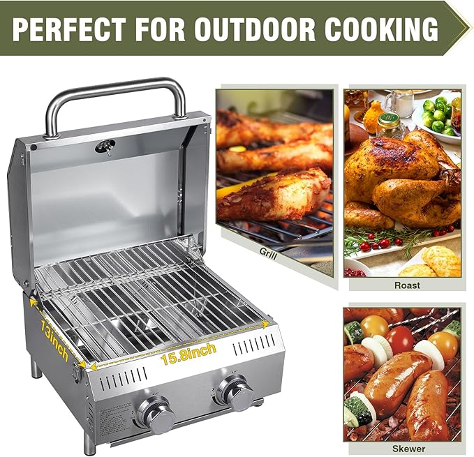 Bestfire Tabletop Gas Grill 2 Burners, 20,000 BTUs Stainless Steel Portable Propane Grill with Legs for Outdoor Patio Backyard Camping, Tailgating, and RV Trips