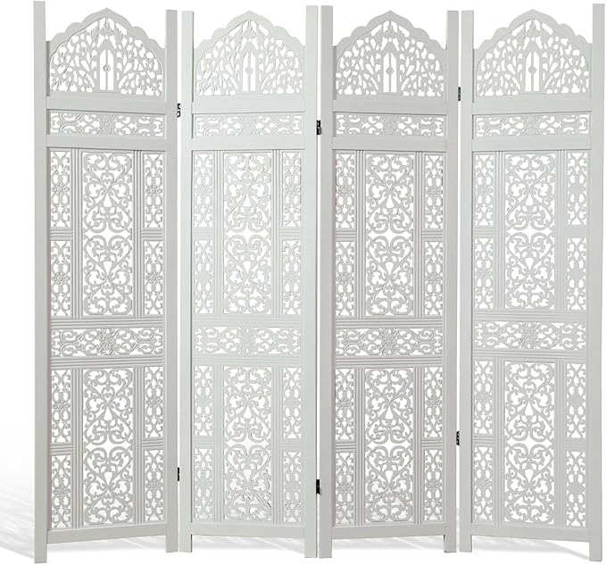 5.75Ft Room Divider Wood Screen, 33Lbs Durable Antiqued Style MDF Carved Headboard, Reversible Freestanding Folding Partition Paravent for Home Office, 69 * 71 inch(H*W) - 4 Panels (Rustic White)