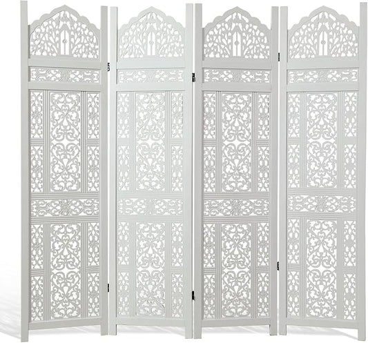 5.75Ft Room Divider Wood Screen, 33Lbs Durable Antiqued Style MDF Carved Headboard, Reversible Freestanding Folding Partition Paravent for Home Office, 69 * 71 inch(H*W) - 4 Panels (Rustic White)