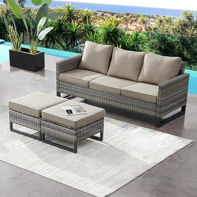 HUMMUH Outdoor Ottomans for Patio Set of 2 PE Wicker Outdoor Footstool with Removable Weather-Resistant Cushions for Patio, Backyard