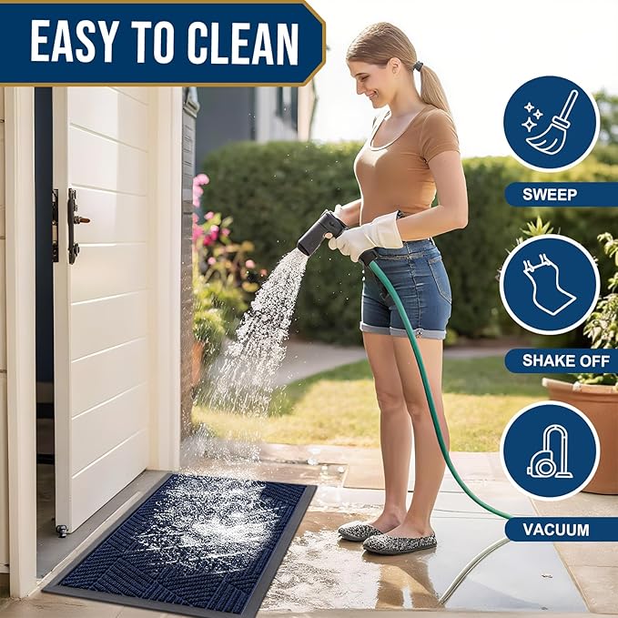 Smiry Front Door Mat Outside Entrance, Heavy Duty Sturdy Natural Rubber Doormat, Trap Dirt and Moisture, Easy Clean Low Profile Mats for Indoor Outdoor Entry, Irregular Triangle (36x24, Royal Blue)