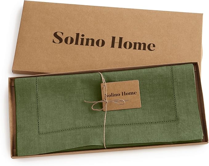Solino Home Olive Linen Table Runner 156 Inches Long - 100% Pure Linen Classic Hemstitch Table Runner 14 x 156 Inch for Wedding, Parties