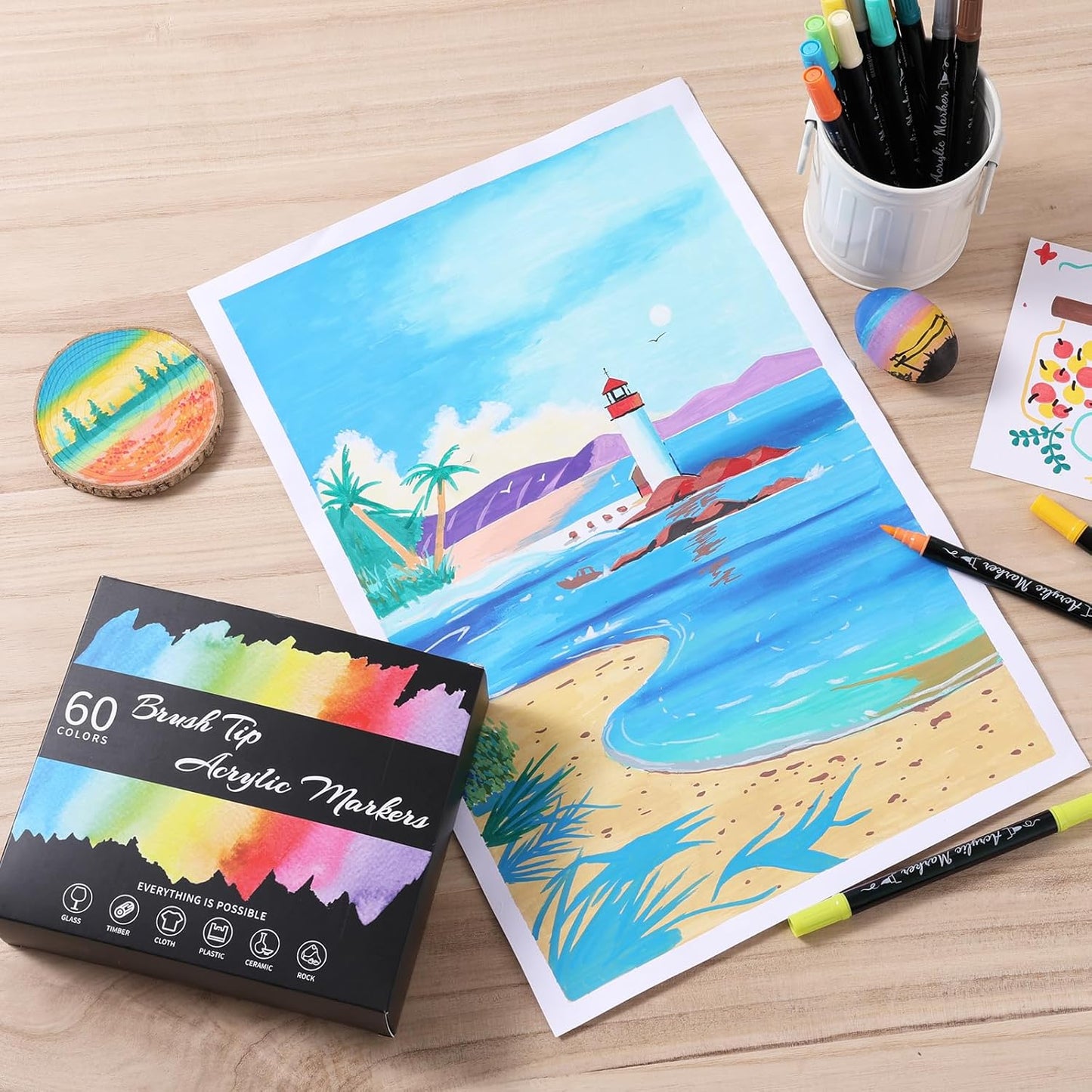 TOSAHRE Acrylic Paint Pens Markers 60 Colors Waterproof Dual Tip Acrylic Markers Set with Brush & Fine Tip Coloring Pens for Rock Painting Wood Scrapbook Fabric Glass Ceramic DIY Craft Art Supplies