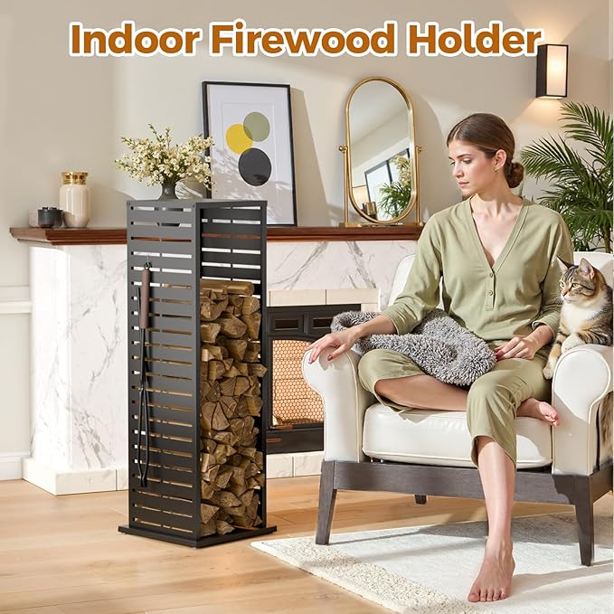 4ft Firewood Rack with Parallel Louver Pattern, Fire Wood Holder Log Storage Rack with Hooks Adjustable Feet, Firewood Stacker for Outdoor Indoor Pergola Gazebo Patio Balcony Black