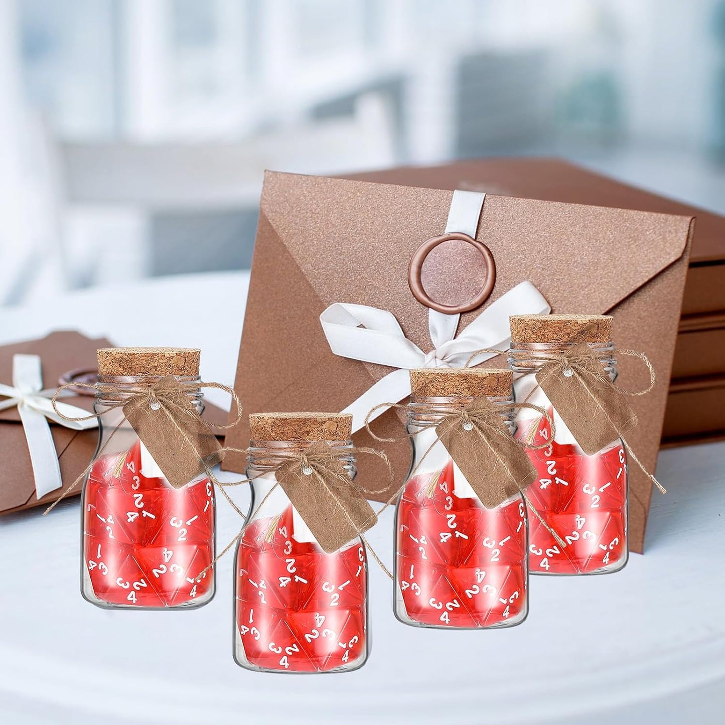 Wettarn 120 Pcs Transparent Red D4 Dice6 Pcs Pot Bottles Plastic Favor Jars with Cork Lids Healing Potion Bottles Polyhedral Dice Set for Party Favors Table Games(Novel Style)