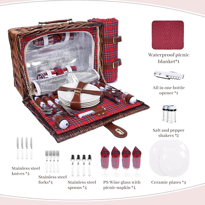 Neti Neti Wicker Picnic Basket for 4 with Insulated Cooler & Waterproof Blanket – Large Willow Picnic Hamper for Outdoor, Camping, Beach, Romantic Dates, Valentine’s Day