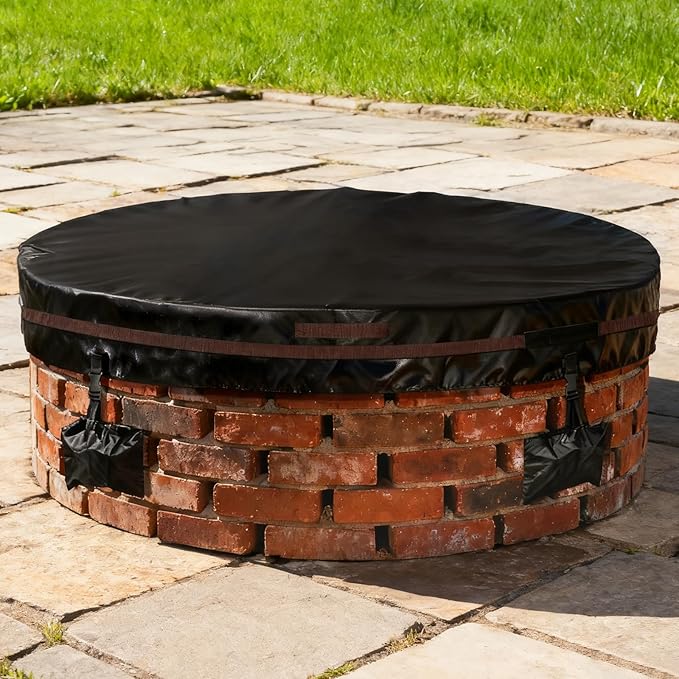 Outdoor Round Fire Pit Cover 66x9.5" Waterproof Tear-Resistant 600D Oxford PU Coated for 61–66" Built-In or In-Ground Stone Fire Pits, Heavy Duty All-Season Protection for Outdoor Fireplaces