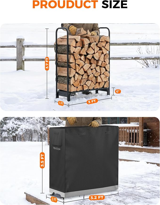 3ft Firewood Log Rack with Cover Outdoor, Heavy Duty Indoor Outdoor Firewood Storage Log Rack with Cover Combo Set Black