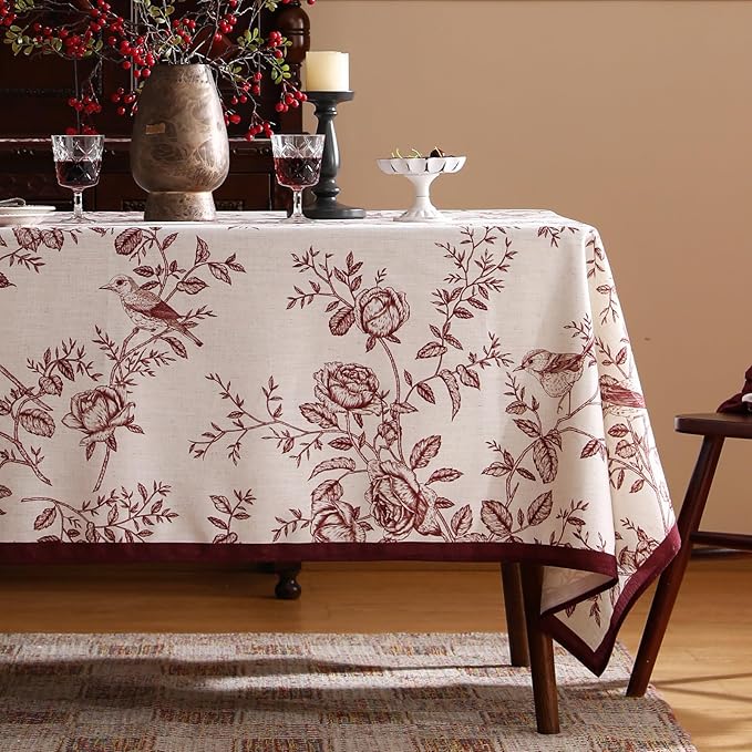 ISAENNE Designer Vintage Linen Long Tablecloth Rectangle,Red Floral Pattern Linen Stain Resistant Table Cloth,Decor Tablecloths for Dining Thanksgiving Kitchen Tea Party,63"*94"-Harmony