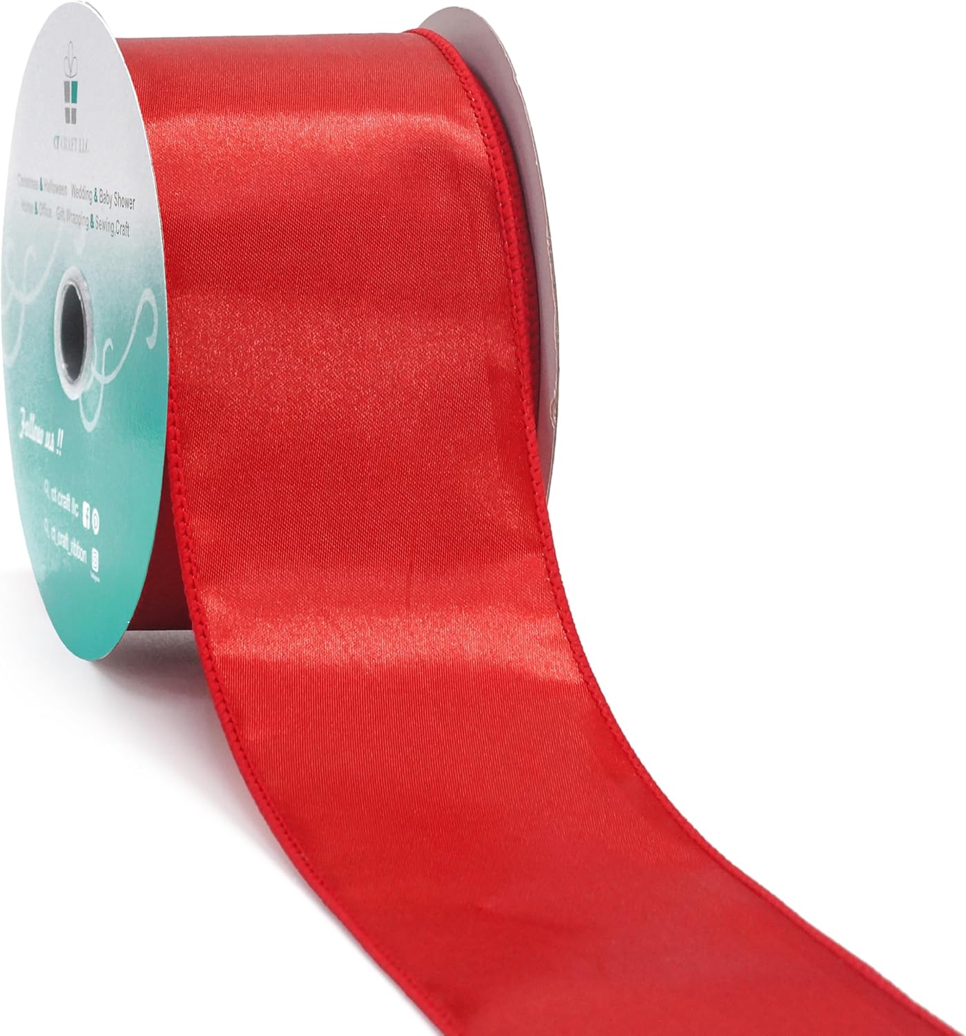 CT CRAFT LLC Satin Wired Ribbon 2.5 Inch x 20 Yards Red for Christmas Home Décor Gift Wrapping Tree Topper Bow Wreath DIY Crafts,