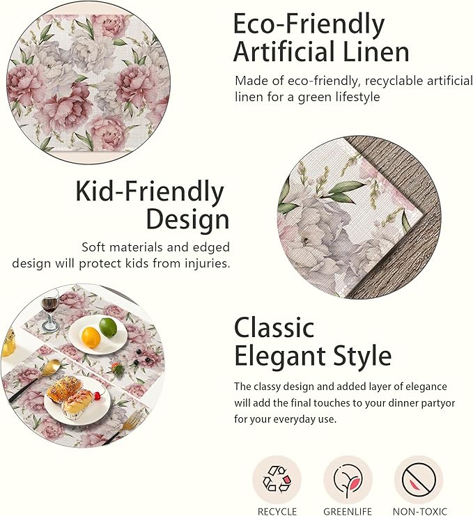 Placemats,Pink White Peony Flower Placemats 12x18 Inch Waterproof Non-Slip Washable Table Mats for Kitchen Dining Party Table Decor,Set of 6