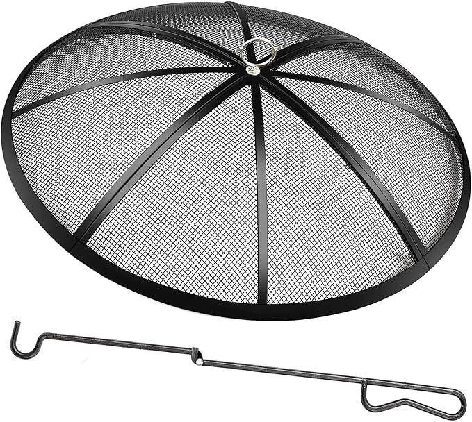 Fire Pit Spark Screen, 24 Inch Diameter Fire Pit Screen with Handle & Poker,Heavy Duty Metal Mesh Fire Pit Screen,Fire Pit Lid for Outdoor/Beach/RV Camping/Backyard
