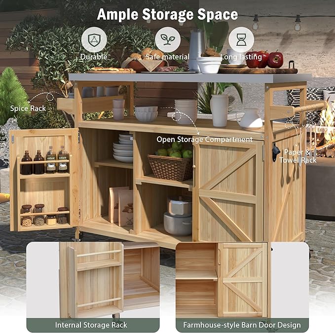 Grill Table,Rolling Bar Cart, Storage Cabinet, Artificial Board,with Stainless Steel Top, Spice Rack, Towel Rack, Storage Space,Kitchen,Outdoor