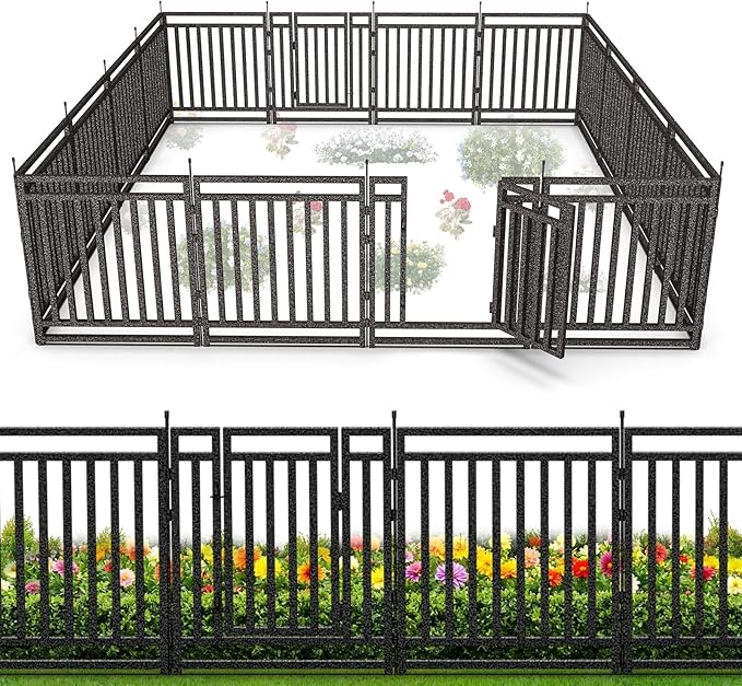 Garden Fence 40in (H) x 36ft (L), 14 Panels + 2 Gates, Durable Outdoor Yard Barrier, Secure Garden Fencing Weather-Resistant Fence Ideal for Pets, Privacy & Decoration, Black Silver