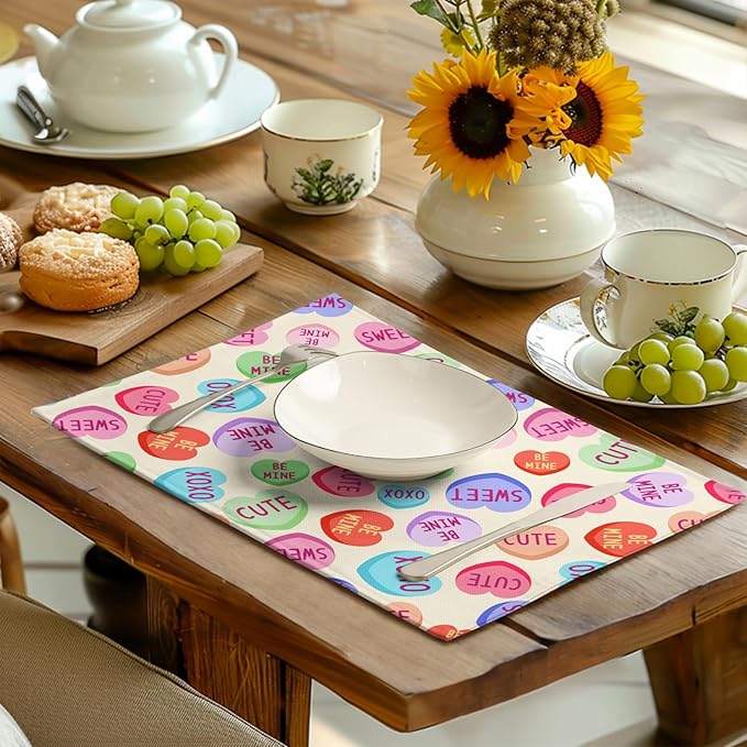 Valentine Pink Love Heart Candy Placemats Set of 4 Valentines Seasonal Table Mats Resistant Washable Dinner Mats for Outdoor Home Party Kitchen Dining 12x18 Inch