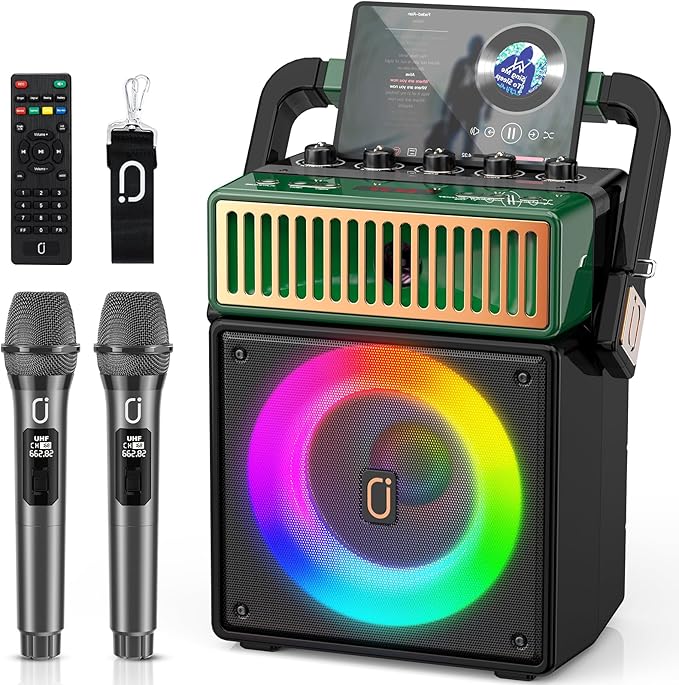 JYX Bluetooth PA Speaker System with 2 Wireless Mics, Retro 60W Karaoke Machine with LED Lights, Supports Recording, USB/TF/AUX/MIC Input for Home Party