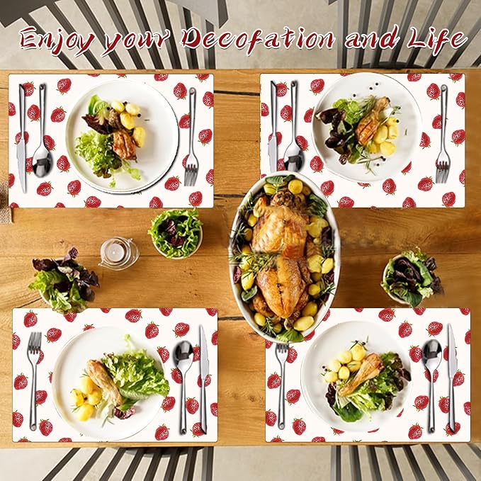 Strawberry Placemats Set of 4 - Faux Leather Heat Resistant Placemats for Dinner Table, Non-Slip Waterproof Oil-Proof Washable Reusable Placemat for Indoor Outdoor Kitchen Decor, 15.75In*11.81In