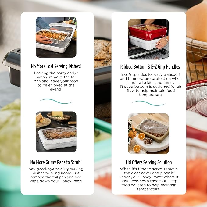 Fancy Panz - Marble 9x13x2" Aluminum Foil Pan Carrier with Lid - Elevated Food Serving Tray - Portable Casserole Carrier with Lid - Made in the USA Hosting Essentials