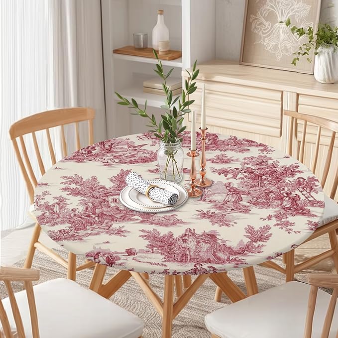 French Country Round Fitted Tablecloth with Elastic Vintage Red Circle Table Cloth for 44-48" Round Tables Wipeable Waterproof Rustic Burgundy Pink Village Table Cover for Dining Patio Picnic Decor