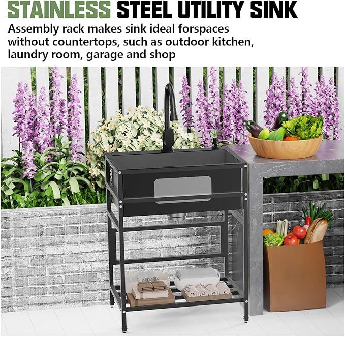 Black utility sink, 25x18 Inch Stainless Steel Freestanding Laundry Sink Practicality With Accessories-Black Faucet,Soap Dispenser, SS Sink Grid, Colander For Laundry,Garage,Outdoor Kitchen,Garden...
