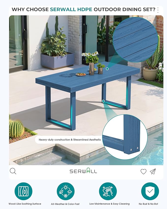 SERWALL HDPE Outdoor Dining Set for 6, 67'' All Weather Patio Dining Table and Chairs Set for Deck, Lawn, Blue