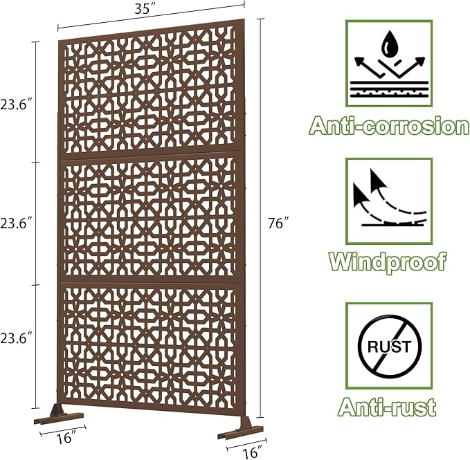 Elevens Outdoor Decor Privacy Fence Screen Metal Fence Panels,Decorative Privacy Screen with Stand,Outdoor Divider for Garden Patio Backyard,76" H×35" W(Brown-Perilla)