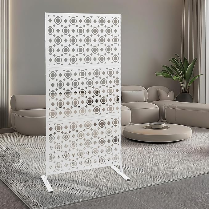 75" H×35" W Decorative Outdoor Privacy Screen with Stand, Outdoor Decor Privacy Fence Screen Metal Fence Panels, Free Standing Metal Divider for Patio Lawn Deck (White-Small Plum Blossom)