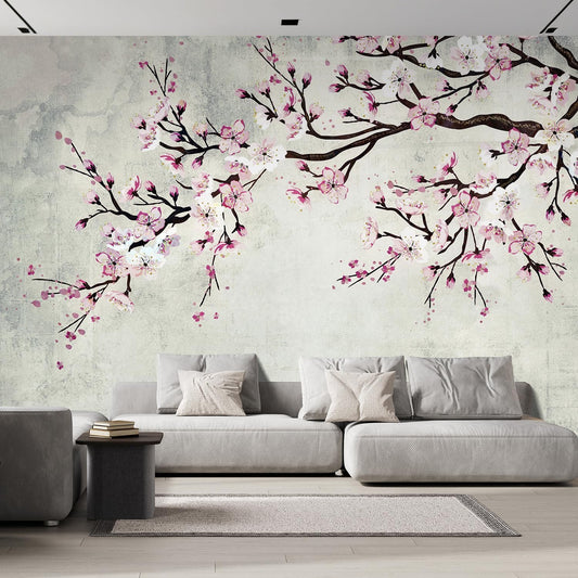wall26 - Large Wall Mural - Watercolor Style Ink Painting Pink Cherry Blossom on Vintage Wall Background | Self-Adhesive Vinyl Wallpaper/Removable Modern Wall Decor - 66x96 inches