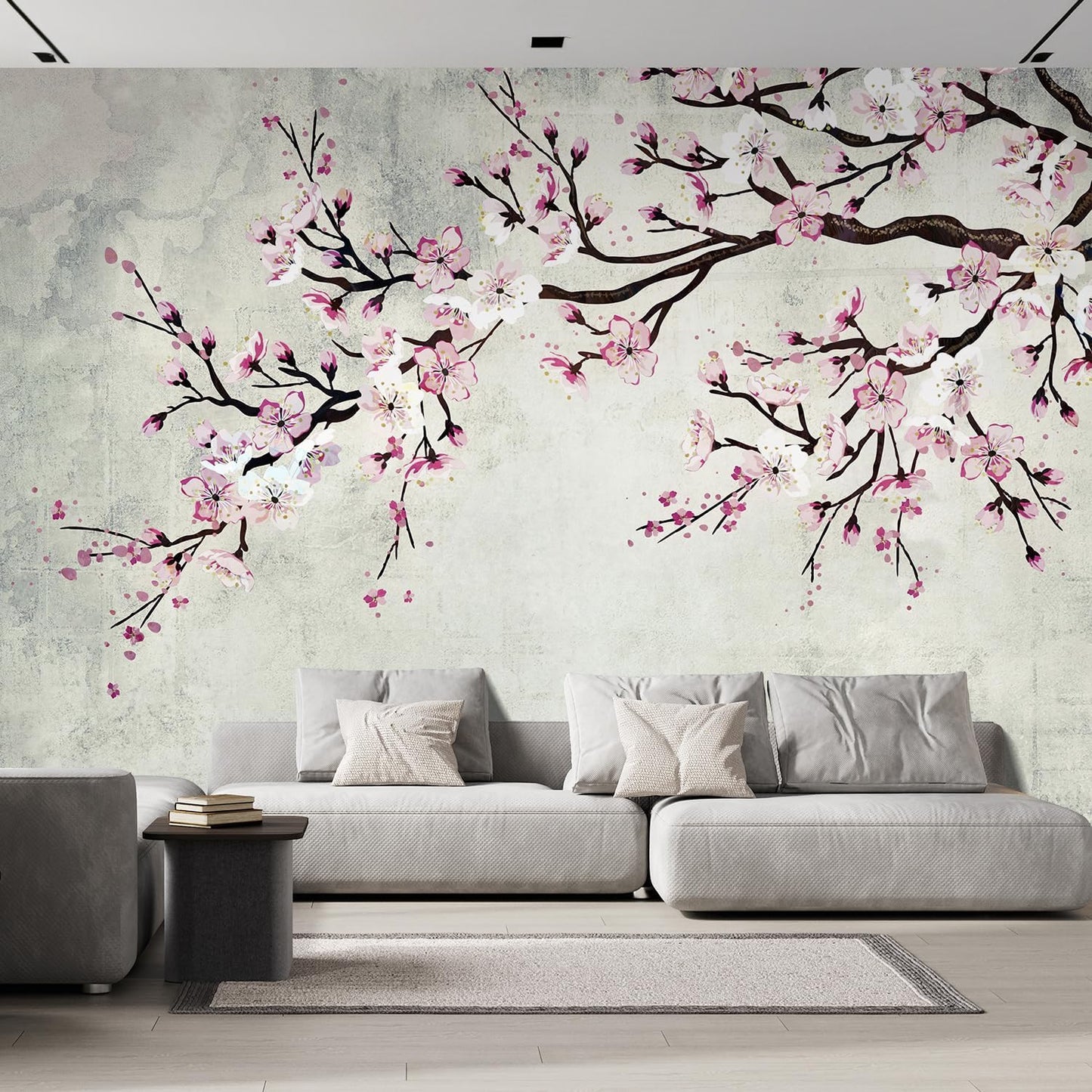 wall26 Wall Sticker/Wall Mural Watercolor Style Ink Painting Pink Cherry Blossom on Vintage, Not Peel and Stick, Non-Woven Wallpaper Decorative for Bedroom, Living Room, Office - 100x144 inches
