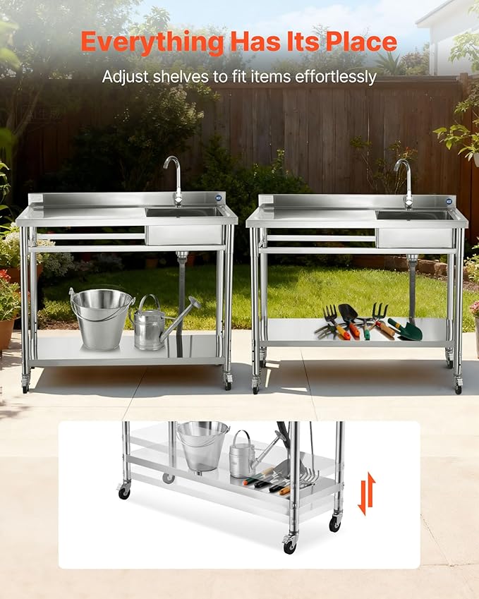 VEVOR Stainless Steel Utility Sink, Rolling Single Bowl Commercial Kitchen Sink with Wheels,Faucet and Hot & Cold Water Pipe,Utility Basin Workbench for Garage Restaurant Laundry 47.2 x 19.7 x 41.5 in