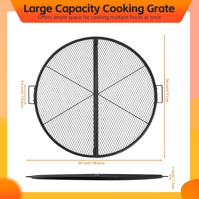 X-Marks Fire Pit Cooking Grill Grate with Support X Wire - Heavy Duty Folding Round Campfire Grill Grid - Portable Camping Cookware for Outside Party Gathering - 36 inch