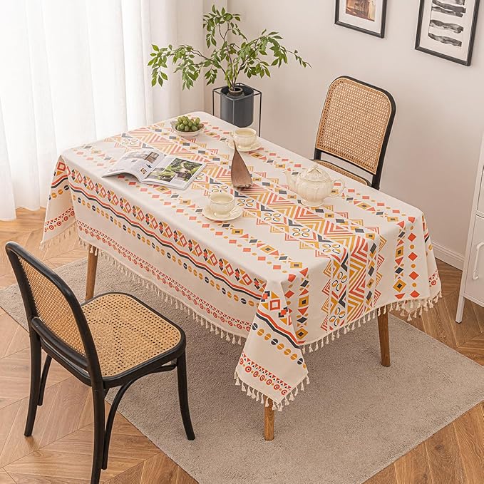 Waterproof Tassels Tablecloth, Bohemian Orange Colorful Table Cloth,White Black,Rectangle for 8 Foot,Fall Summer Dining Table Cover,Mexican,Indoor Outdoor,Farmhouse,Cute Vintage,Cotton