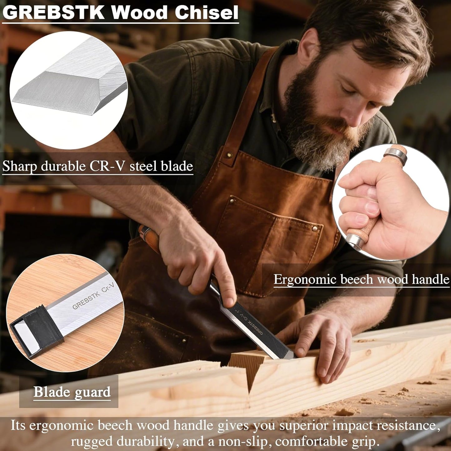 GREBSTK 4 Pcs Wood Chisel Set, CRV Steel Bevel Sharp Edge Bench Chisels with Canvas Bag, Comfortful Beech Handle, for Woodworking and DIY Projects, 9.5"x(1/4", 1/2", 3/4", 1")