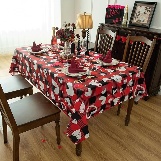 Red Waterproof Plaid Valentines’ Day Tablecloth Fabric - Square 58x58 Inch Classic Love Heart Table Cloth for Indoor Use - Checkered Table Cover for Picnics, Dinner, and Parties