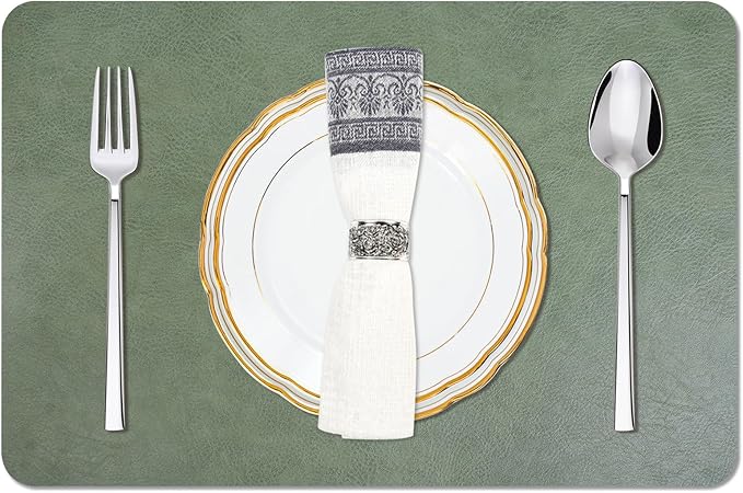 Cowhide Pattern Faux Leather Placemats Set of 6,Heat Resistant Non-Slip Waterproof Wipeable Washable Kitchen Dining PU Table Place Mats,Double-Sides Available,Green Brown