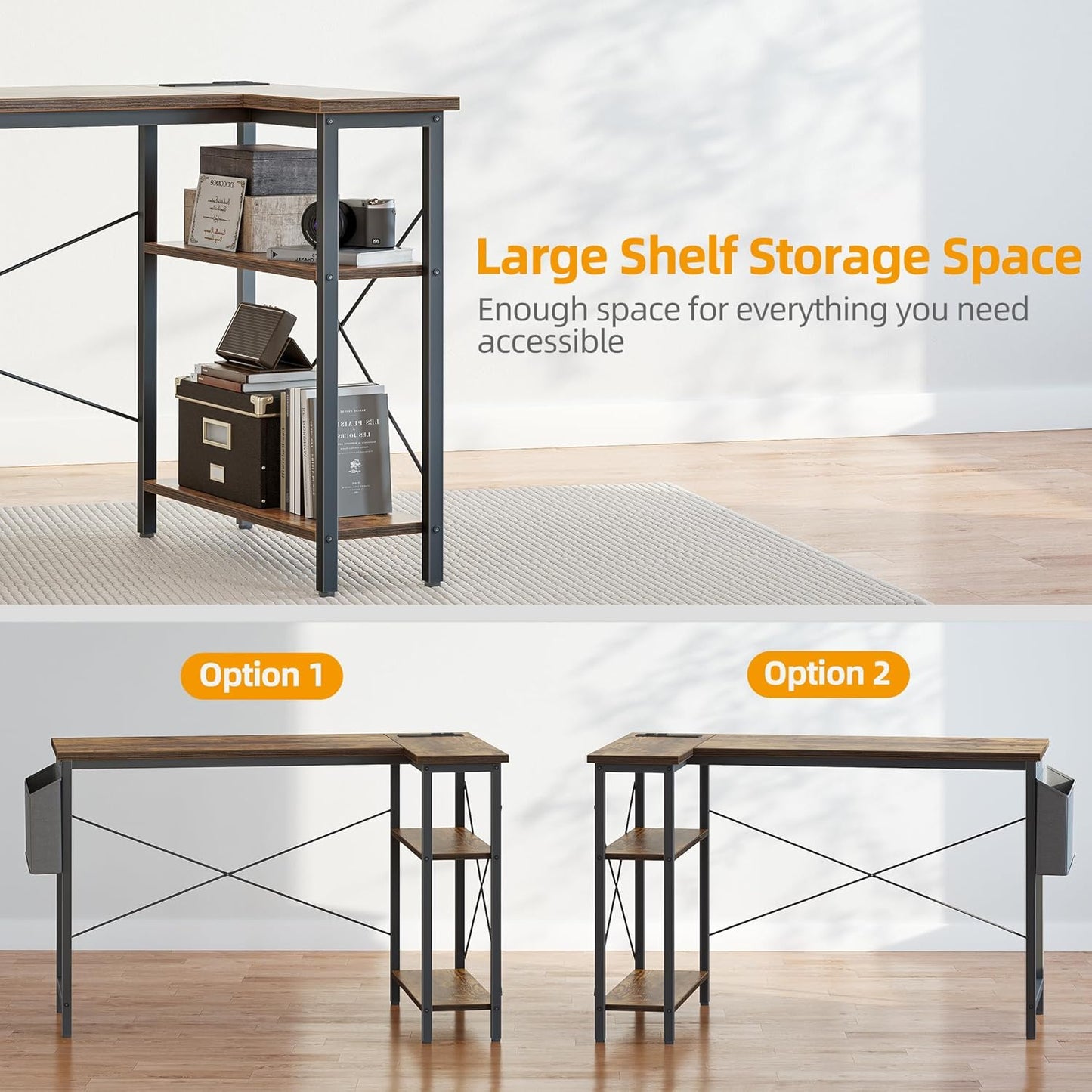 TIQLAB L Shaped Computer Desk with Power Outlets, 55 Inch Small Corner Desk with Reversible Shelves, Gaming Desk Computer Table Study Writing Desk for Home Office Small Space, Rustic Brown