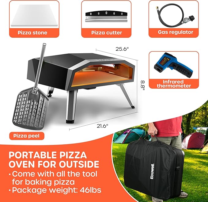 16" Outdoor Gas Pizza Oven, 80-Second Countertop Pizza Maker | with Gas Hose & Regulator, Pizza Stone, Peel, Cutter, Infrared Thermometer, Propane Grill Reaches 930°F (16 inch)