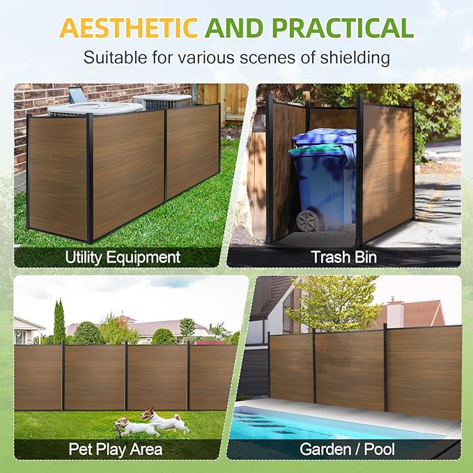 Mondaria Fence Privacy Screen with 8ft In-ground Posts, 6ft(H) x18ft(W) Wood Plastic Composite Fence Panels Weather-Resistant Outdoor Fence for Backyard/Garden (Brown, 4 Posts)