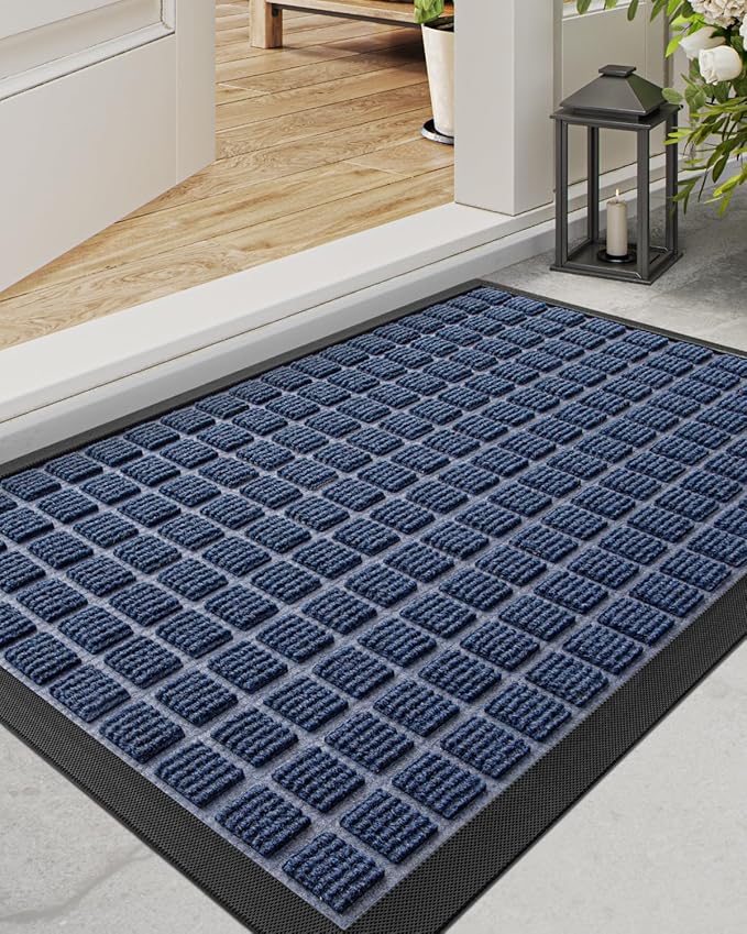 DEXI Front Door Mat Outside Entrance, 17x29 Rubber Entry Doormat Heavy Duty, Welcome Mats Non Slip for Inside House Floor Entryway Double Doors Exterior Patio, Checkered Blue