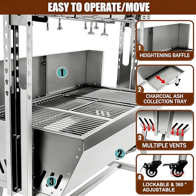 Electric Rotisserie Grill Kit with Windscreen, Large Charcoal Grill with Motor, Stainless Steel Automatic Pork Grill & Outdoor Lamb Goat Roaster, 132 Lbs Capacity for Camping Outdoor
