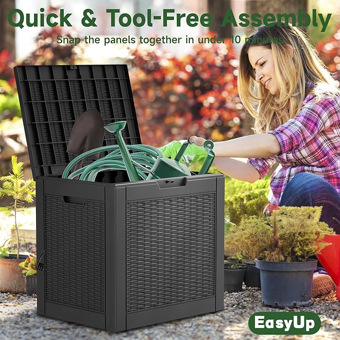 EasyUp 30 Gallon Resin Deck Box, Patio Outdoor Deck Box for Furniture, Garden Tools and Tools Storage, Waterproof Outside Storage Boxes(Black Off-site)